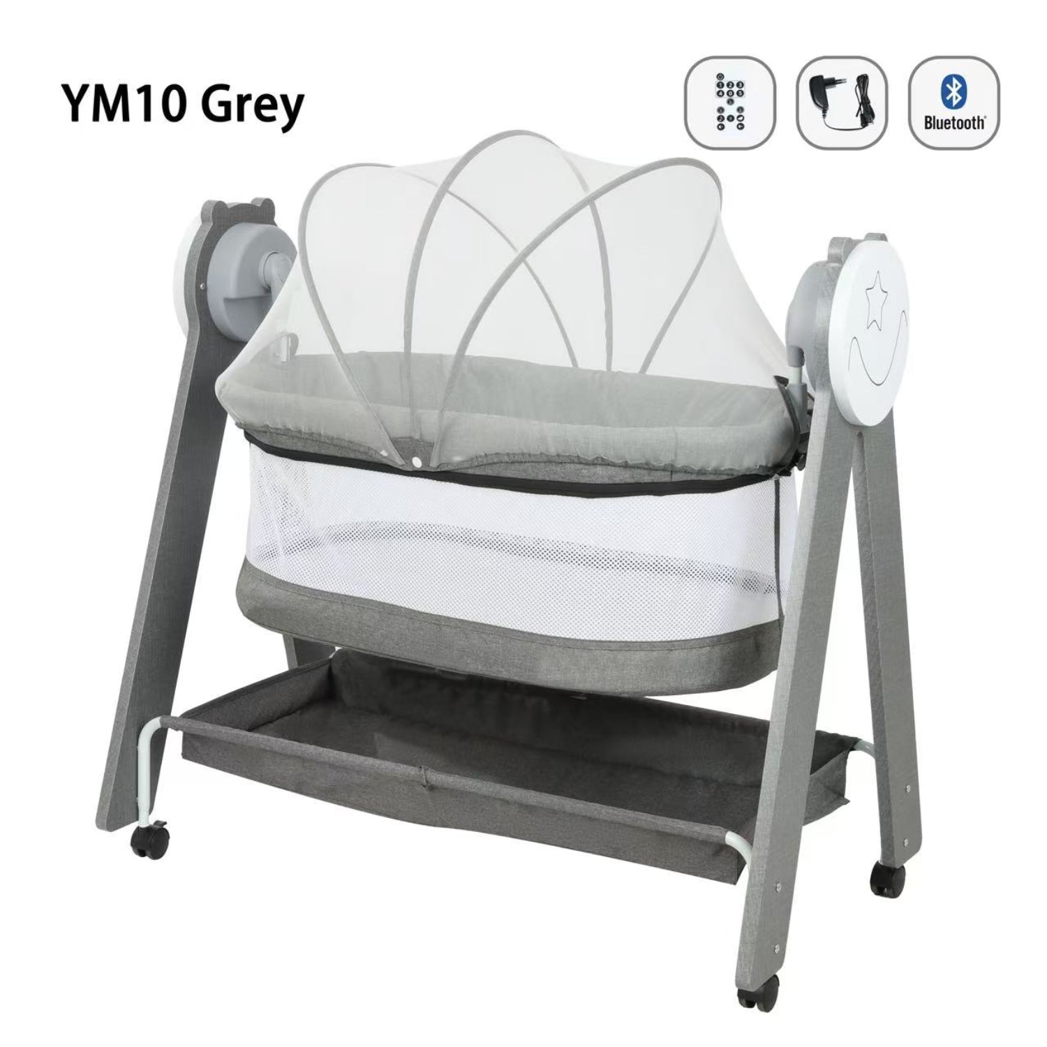 Cuna KIDILO modelo YM10 en gris con malla y sistema Bluetooth, vista lateral